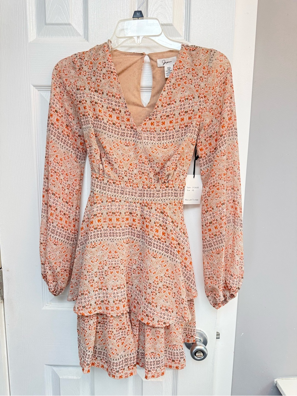 Floral V-Neck Tiered Long-Sleeve Dress in Peach